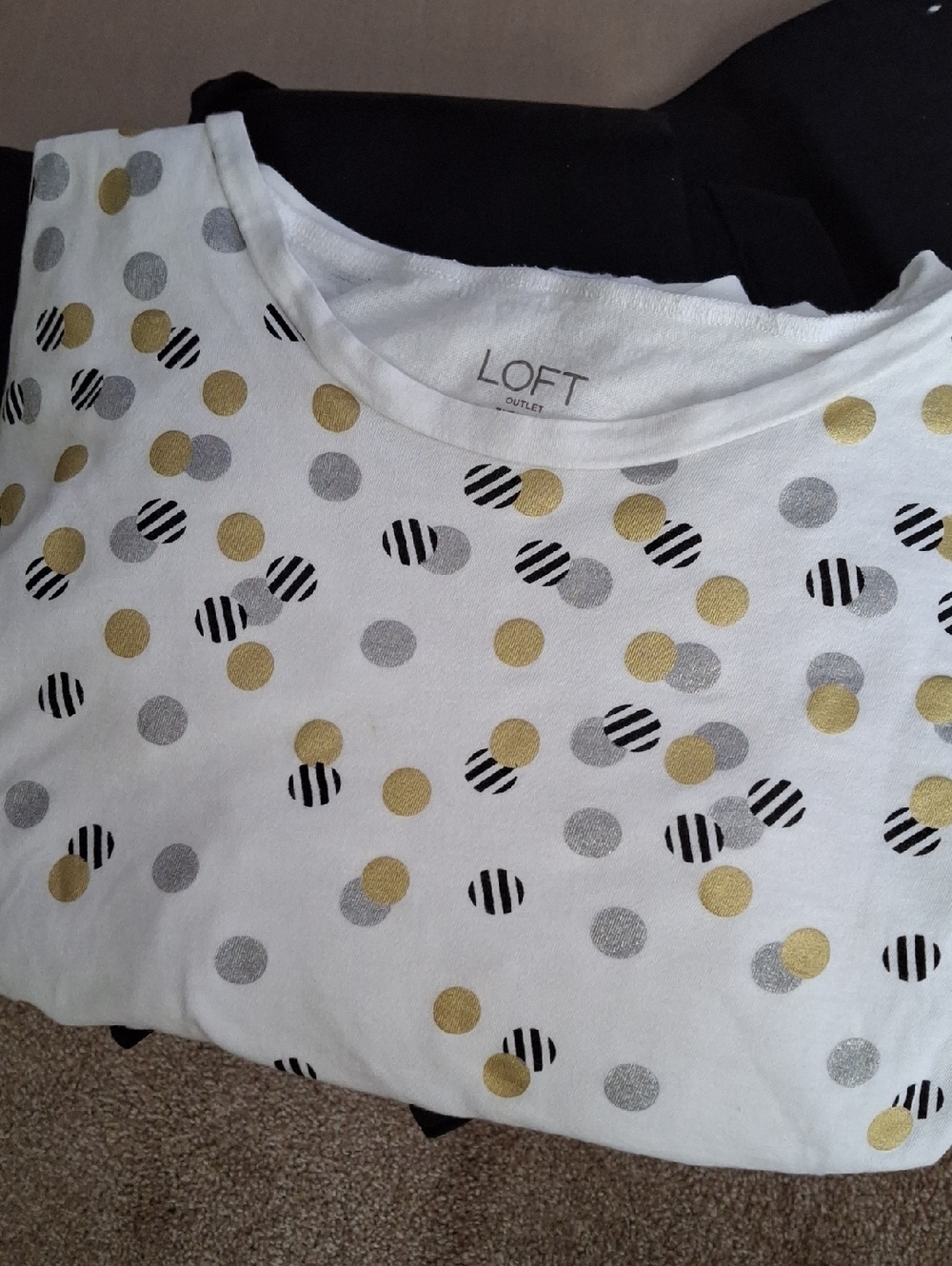 LOFT White Tee with Gold, Silver and Black Polka Dots